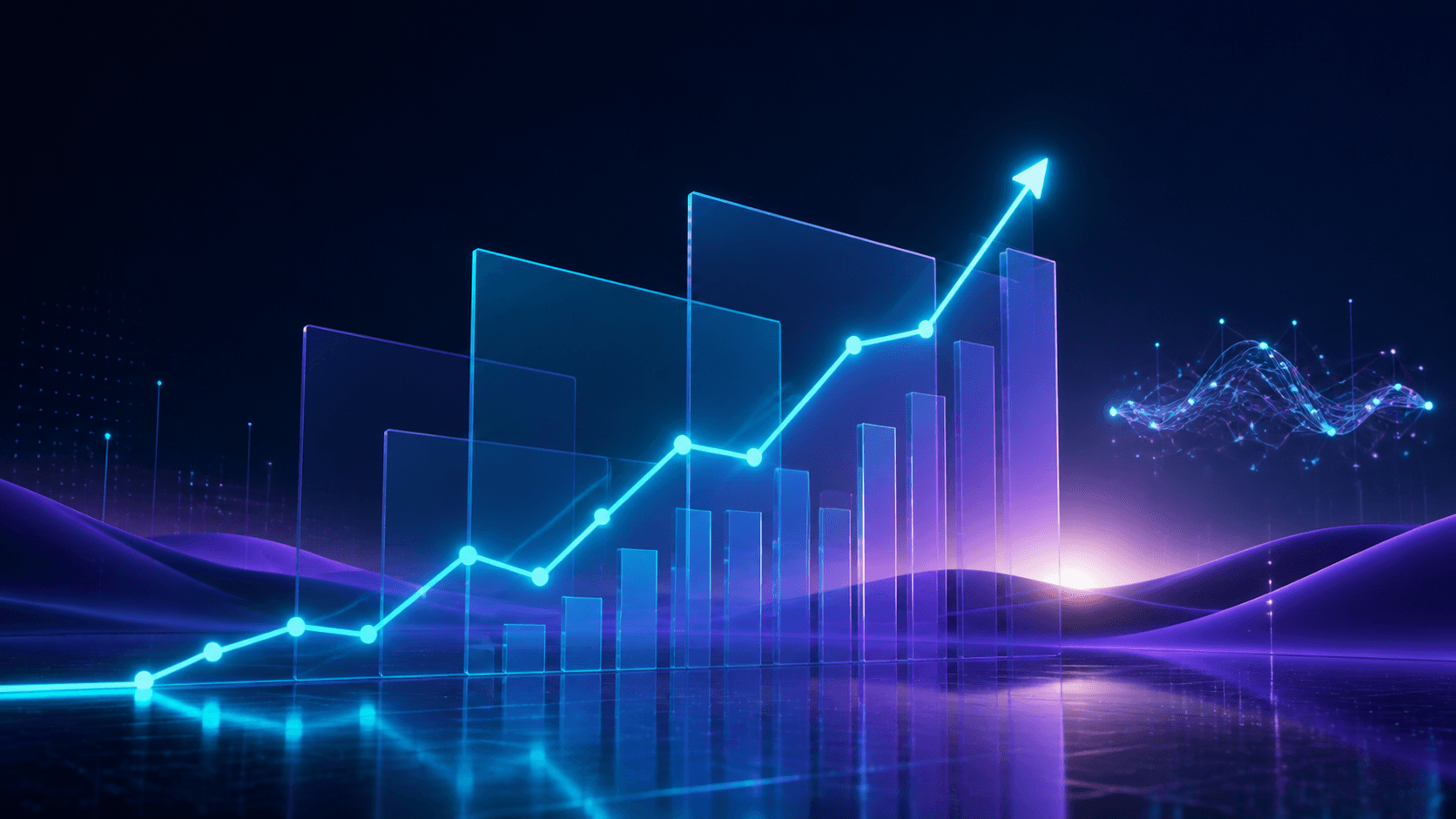 Illustration d’une croissance mesurable : une trajectoire de données progresse entre des repères cyan et violets.